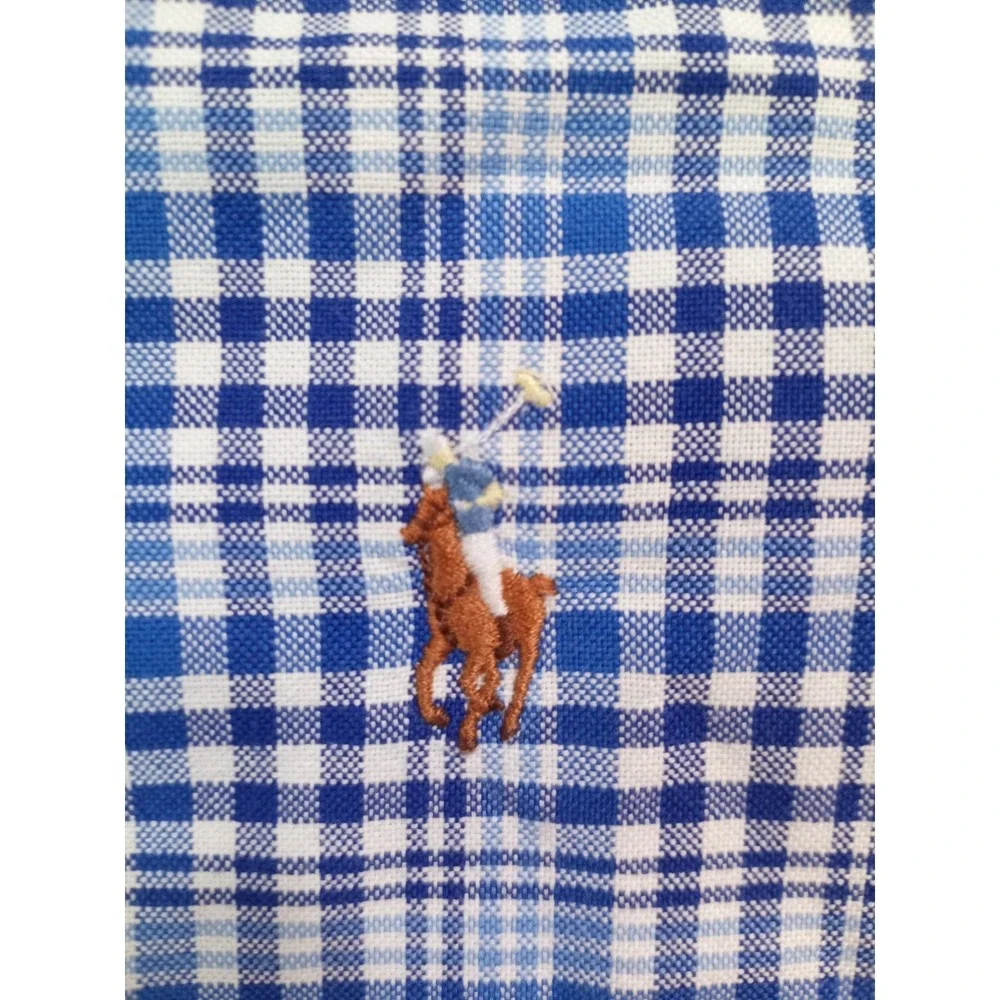 Ralph Lauren Slim Fit Button Down Shirt Blue Plaid Pony Logo Men's Large